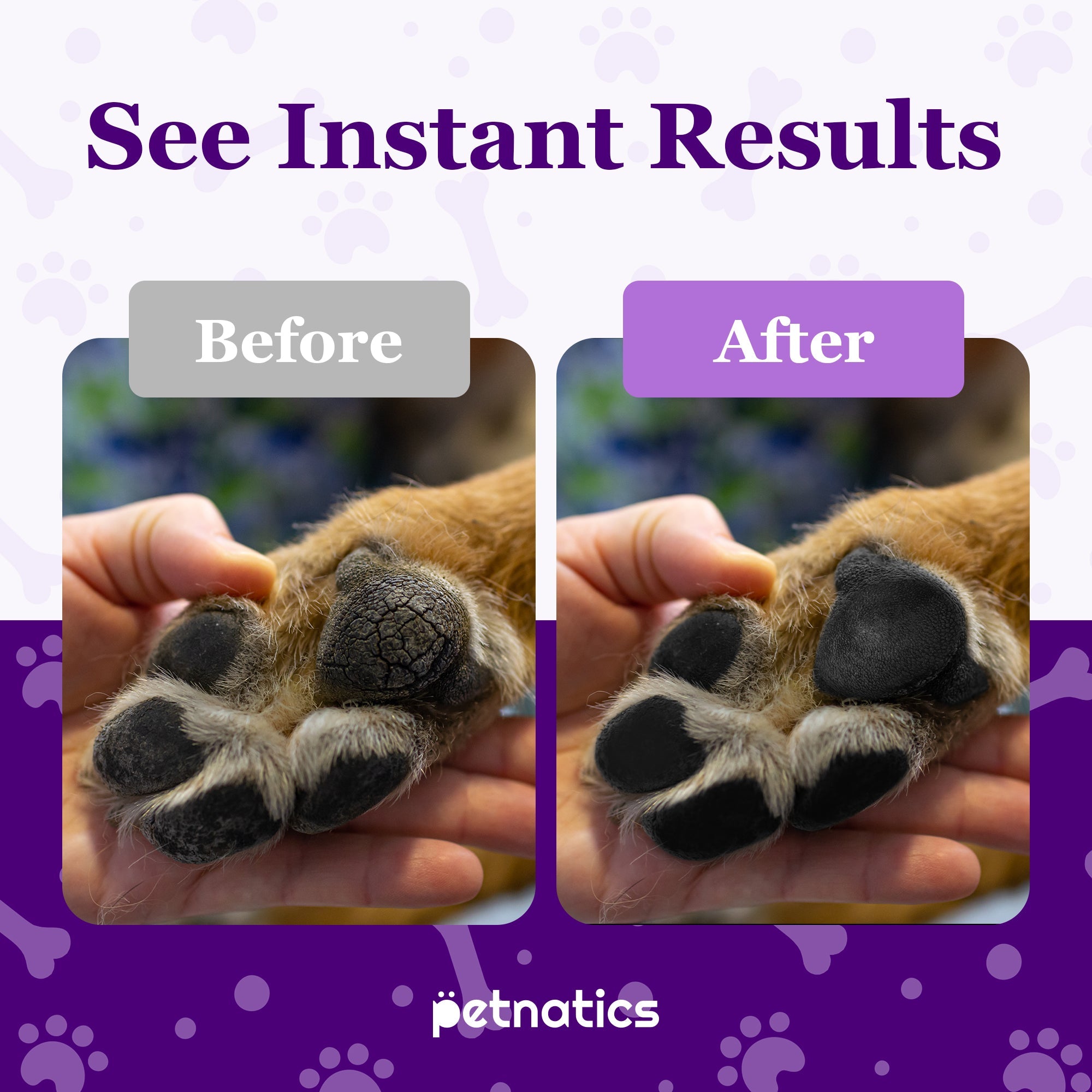 Before and after comparison of a paw with cracked pads, showing improvement with pet product, on a purple background with paw prints.