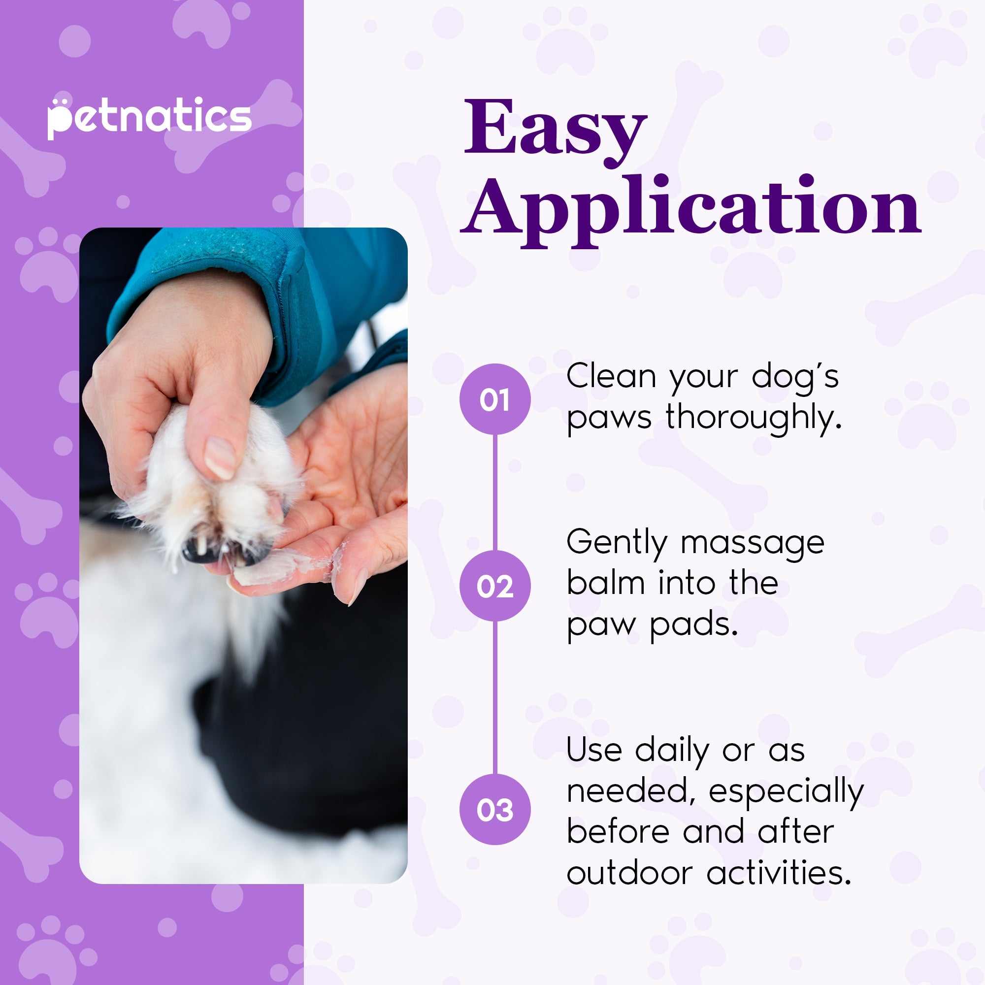 Petnatics paw care product application guide with a hand applying balm to a dog's paw.