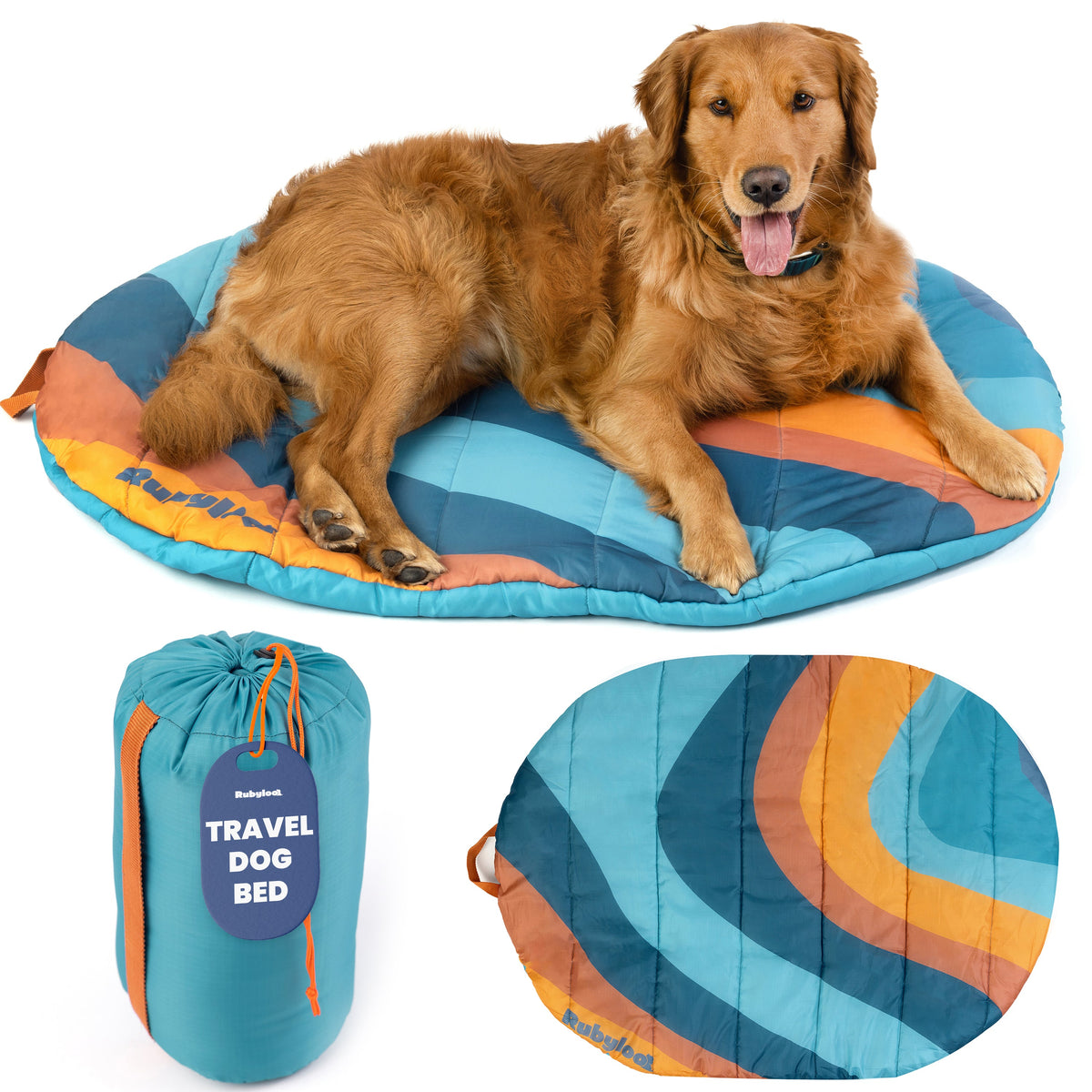 Dog lying on a colorful travel dog bed with a compact bag and close-up of the bed.