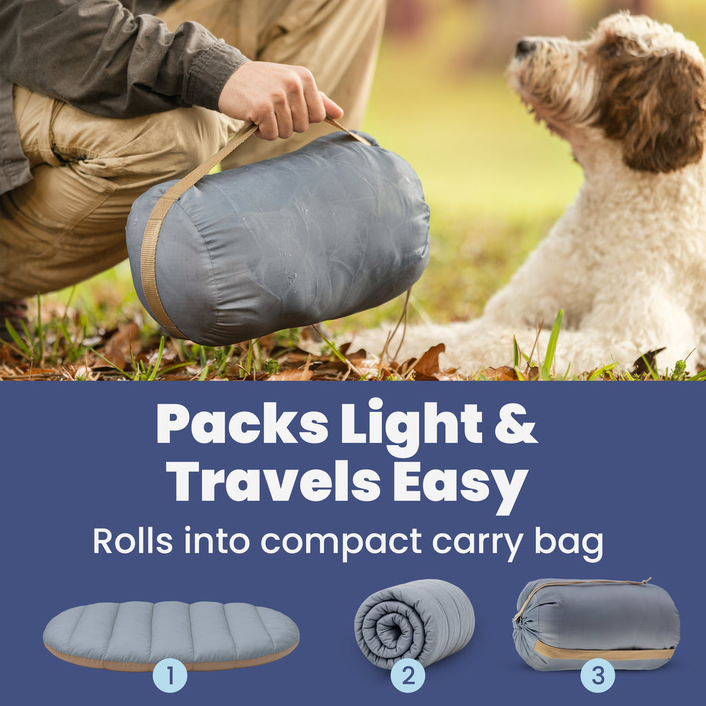 Person holding a compact sleeping pad with a dog in the background, text 'Packs Light & Travels Easy' on a blue banner.