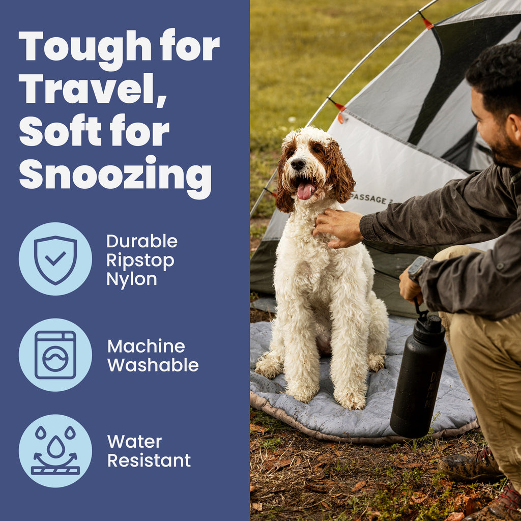 Dog sitting on a camping mat with a person, surrounded by text and icons about product features.