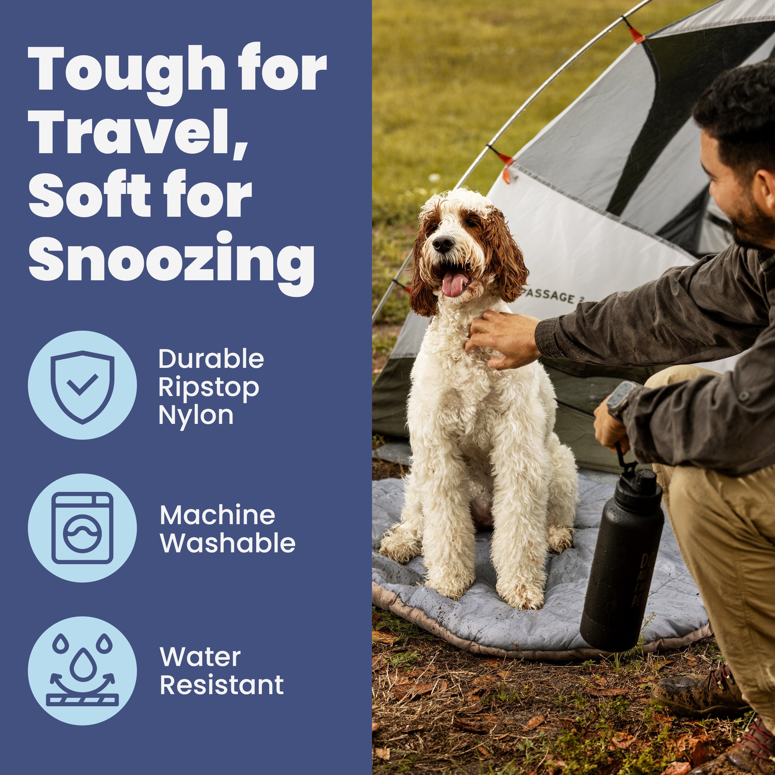 Dog sitting on a camping mat with a person, surrounded by text and icons about product features.