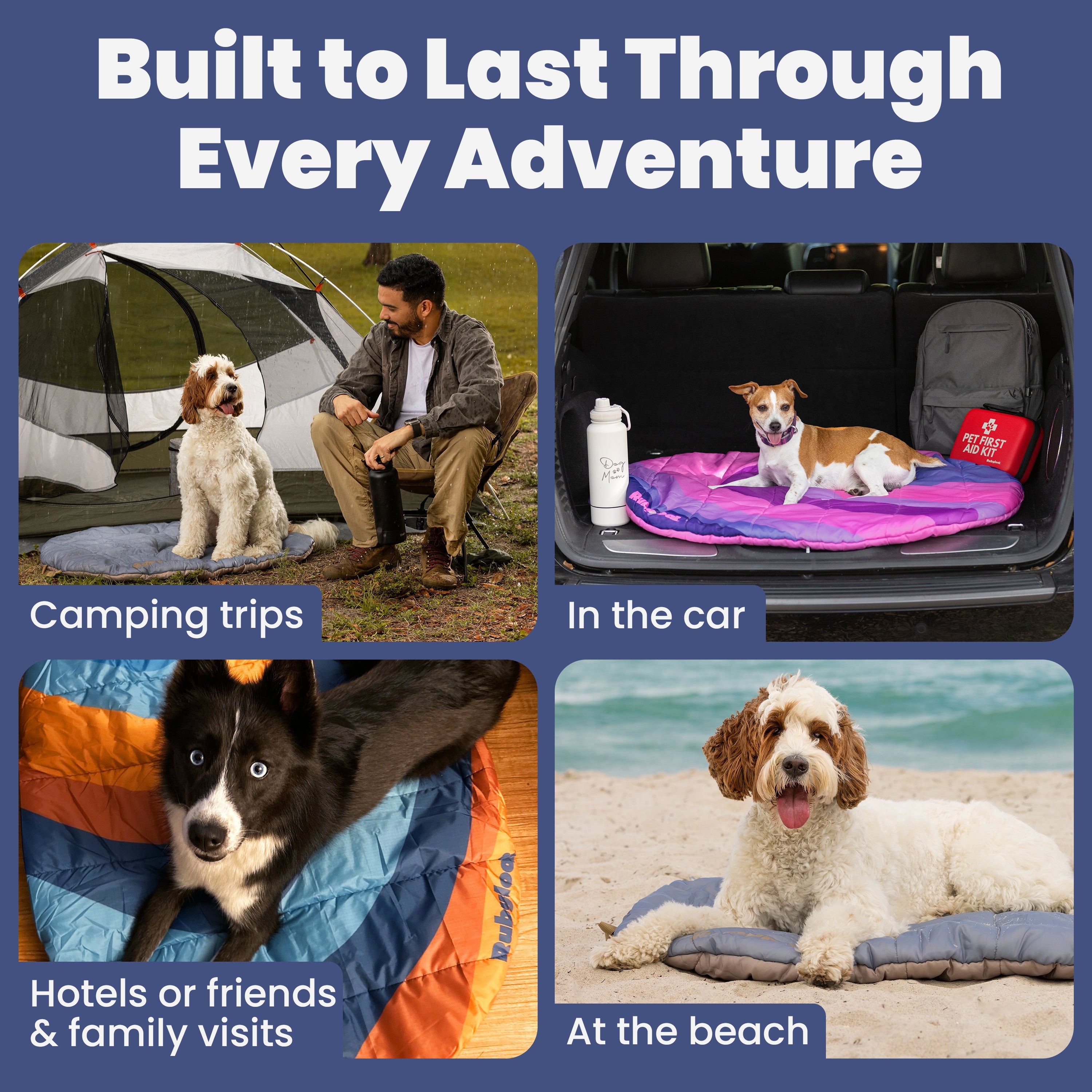 Dog accessories for various activities with text 'Built to Last Through Every Adventure'.