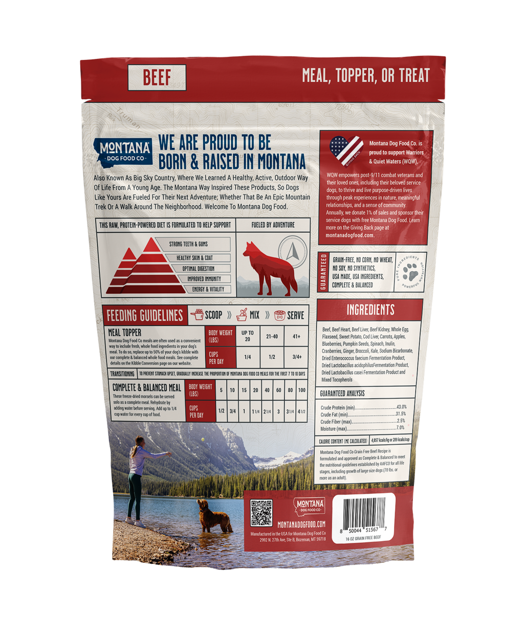 Dog food package with Montana branding and scenic imagery on a white background