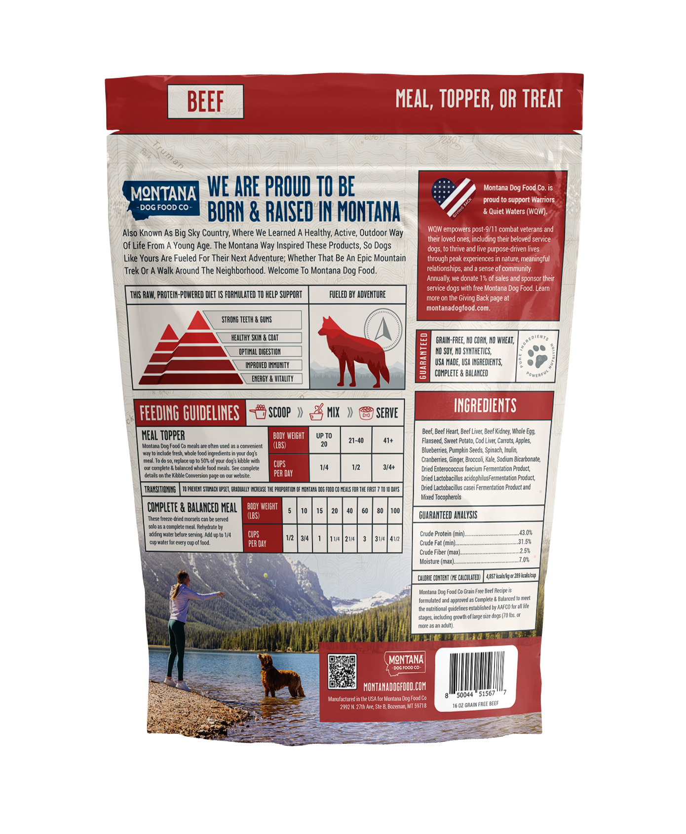 Dog food package with Montana branding and scenic imagery on a white background