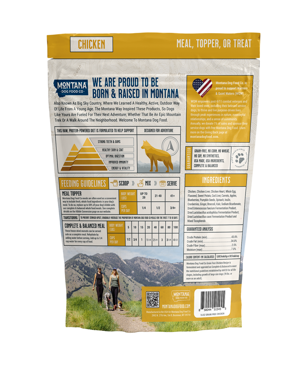 Dog food package with mountain and people on a path graphic