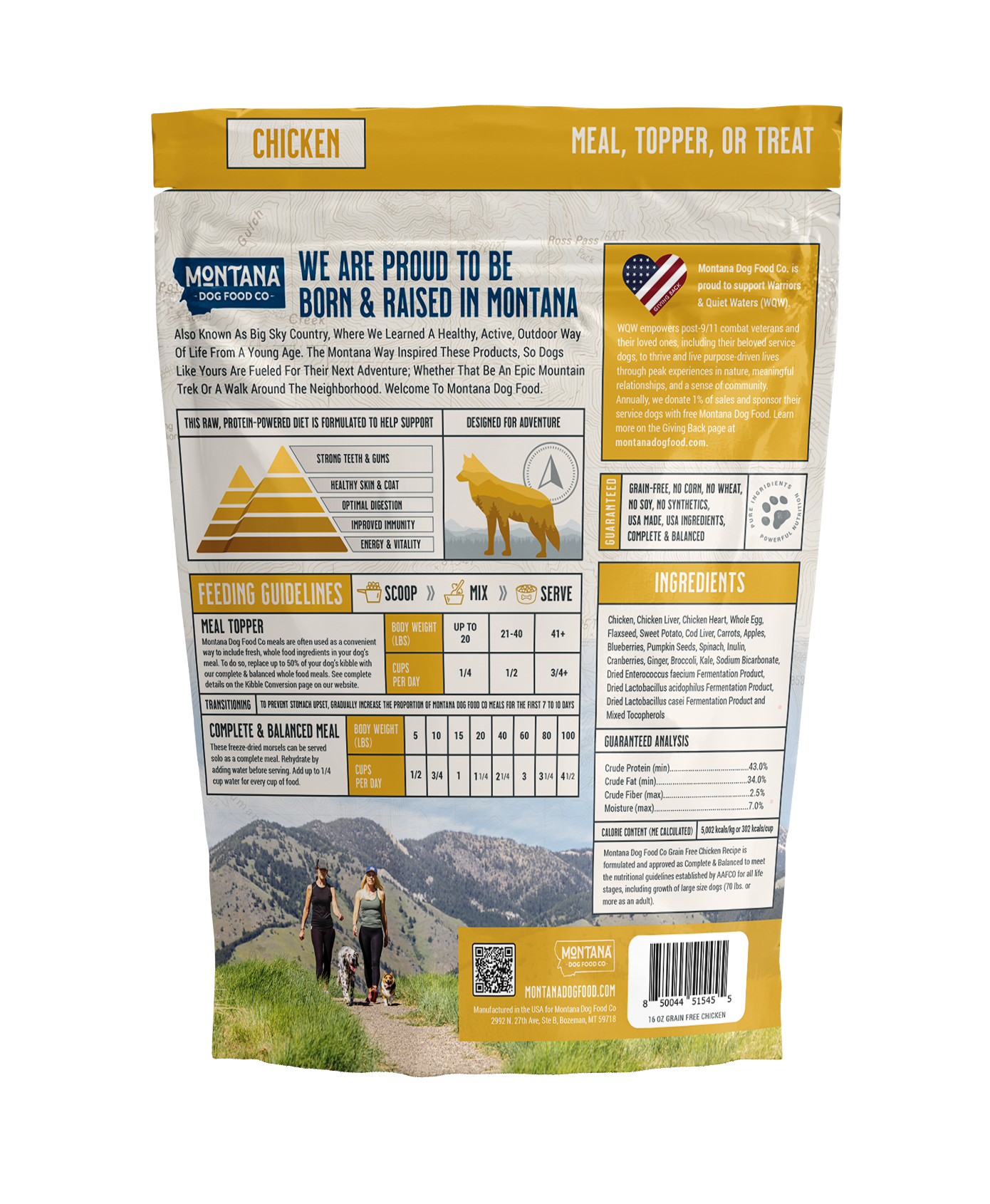 Dog food package with mountain and people on a path graphic