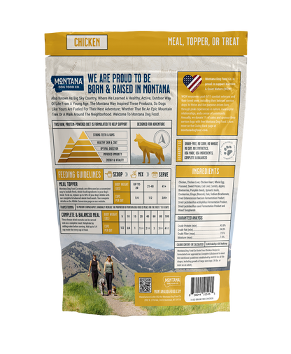 Dog food package with mountain and people on a path graphic