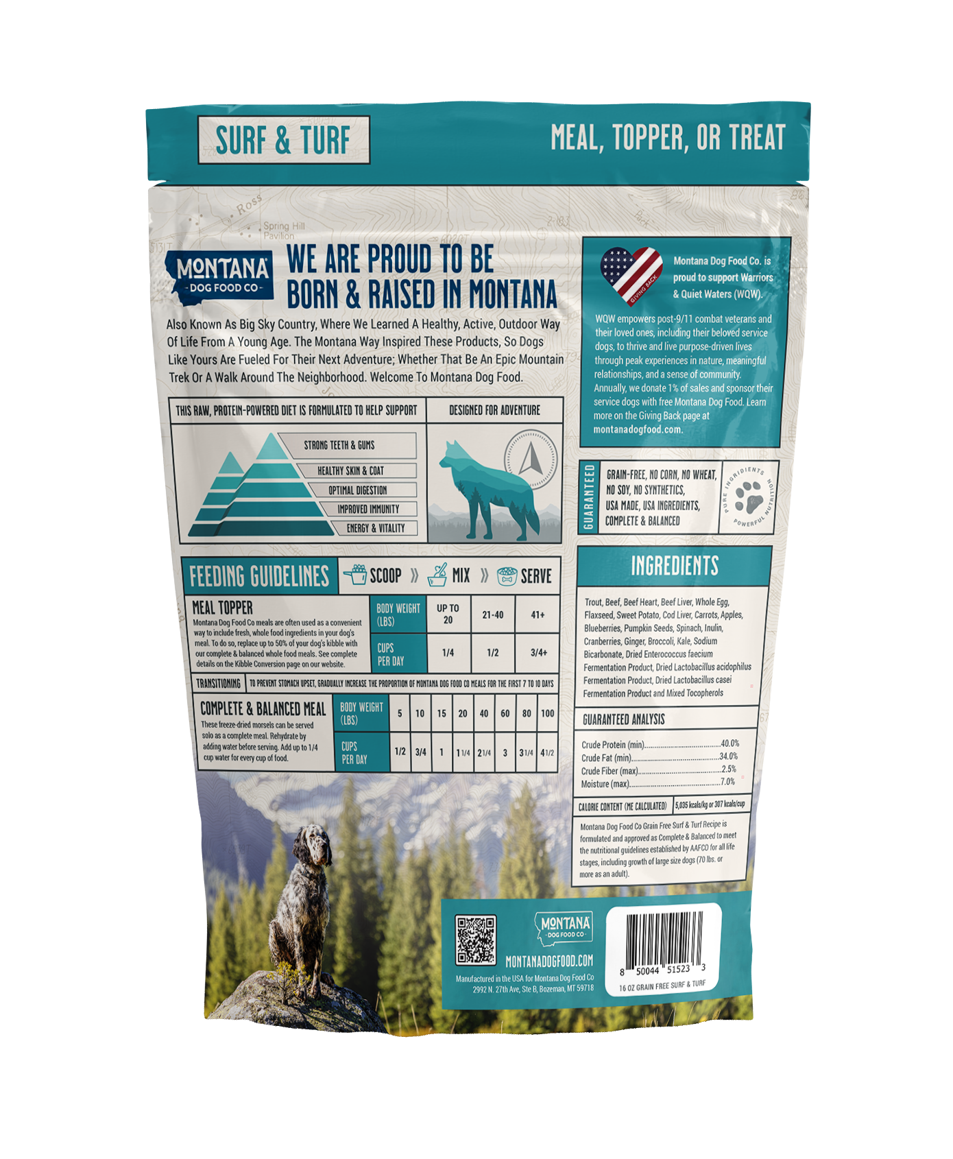 Dog food package with branding and product details on a white background