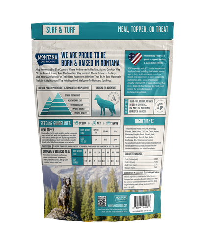Dog food package with branding and product details on a white background