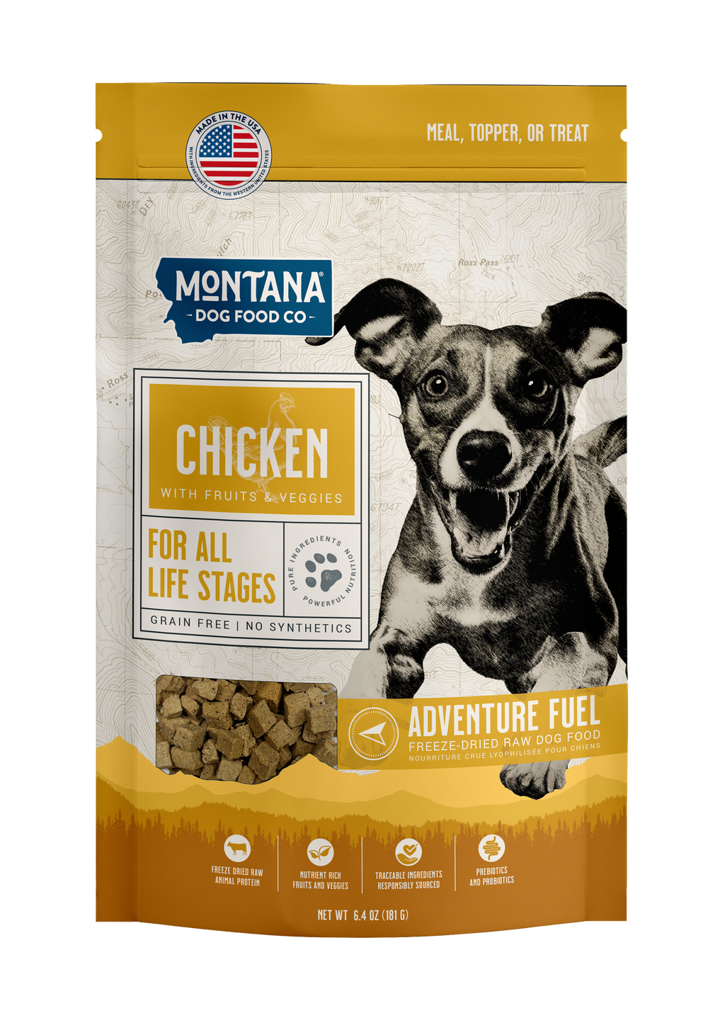Montana Dog Food Co. package with a dog on the label against a white background