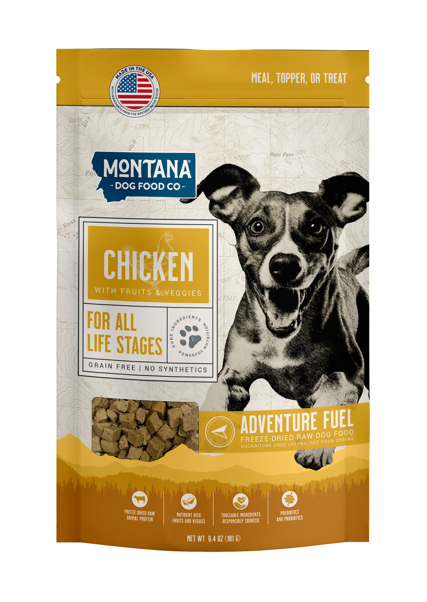Montana Dog Food Co. package with a dog on the label against a white background