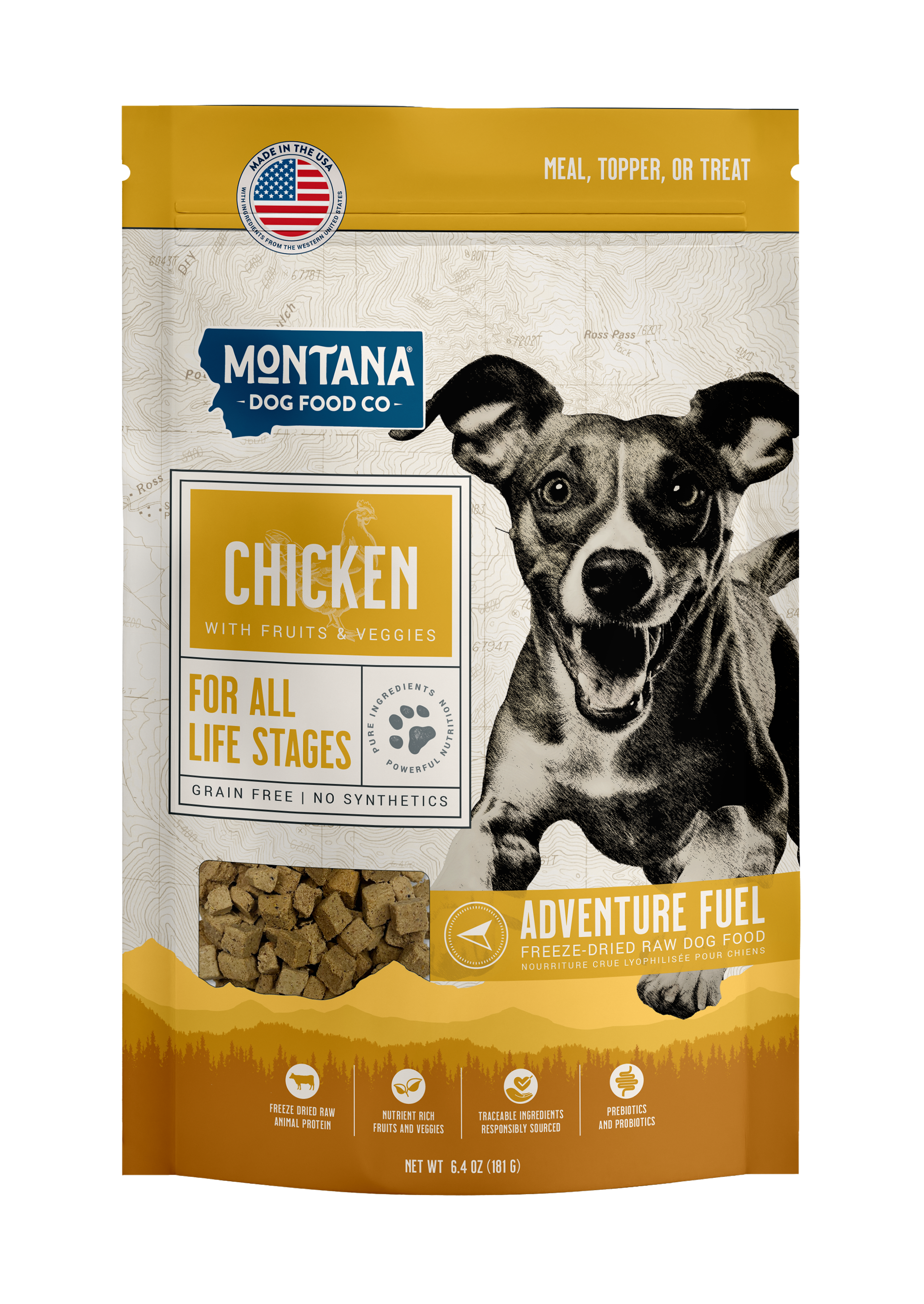 Montana Dog Food Co. package with a dog on the label against a white background