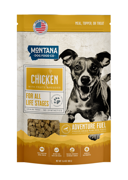 Montana Dog Food Co. package with a dog on the label against a white background