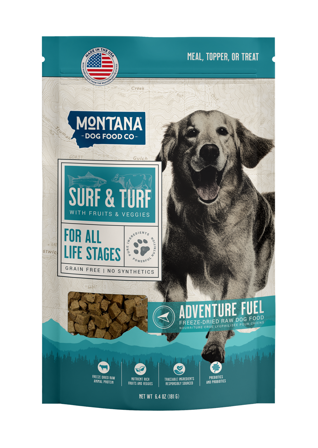 Dog food package from Montana Dog Food Co with a dog on the label