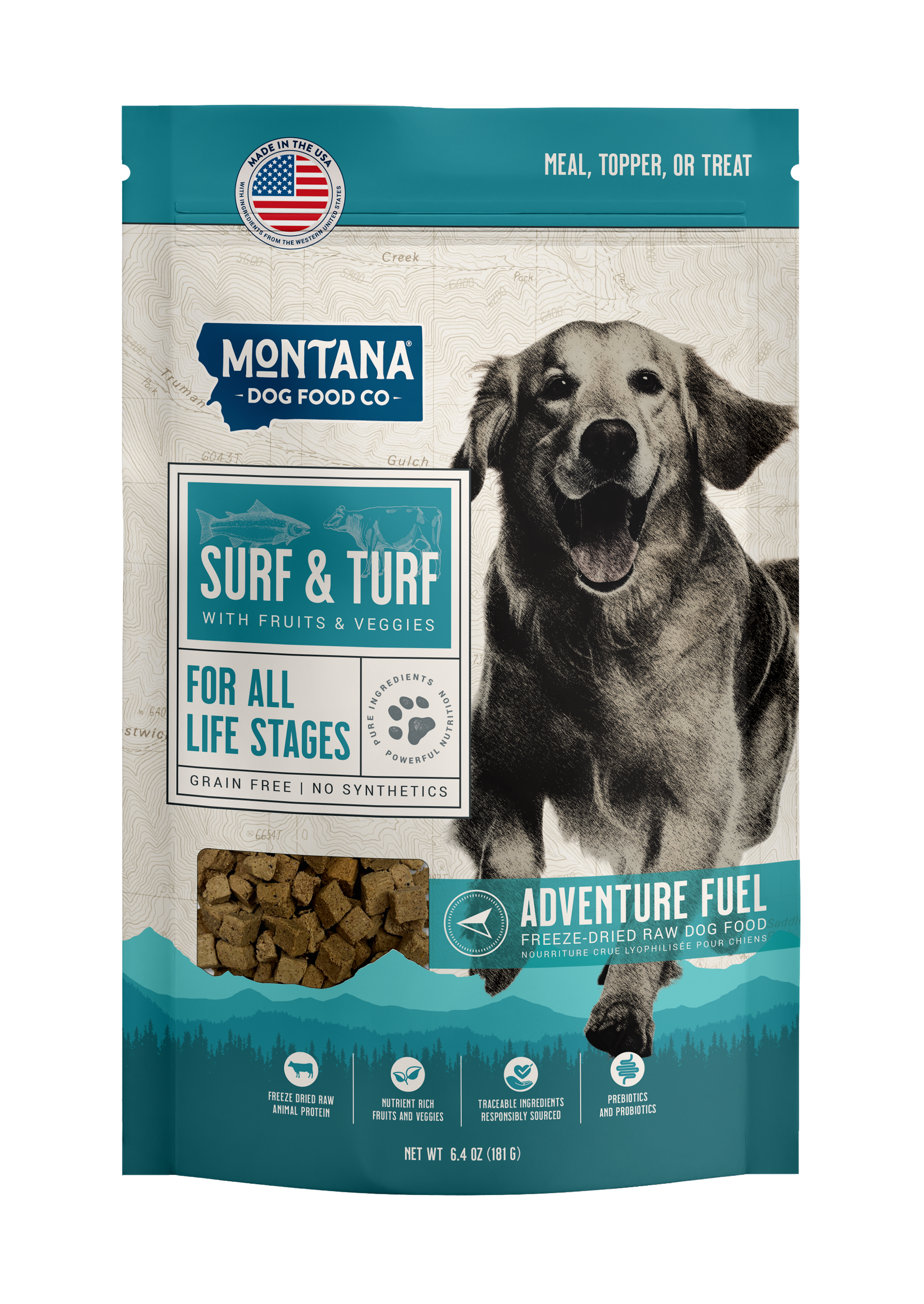 Dog food package from Montana Dog Food Co with a dog on the label