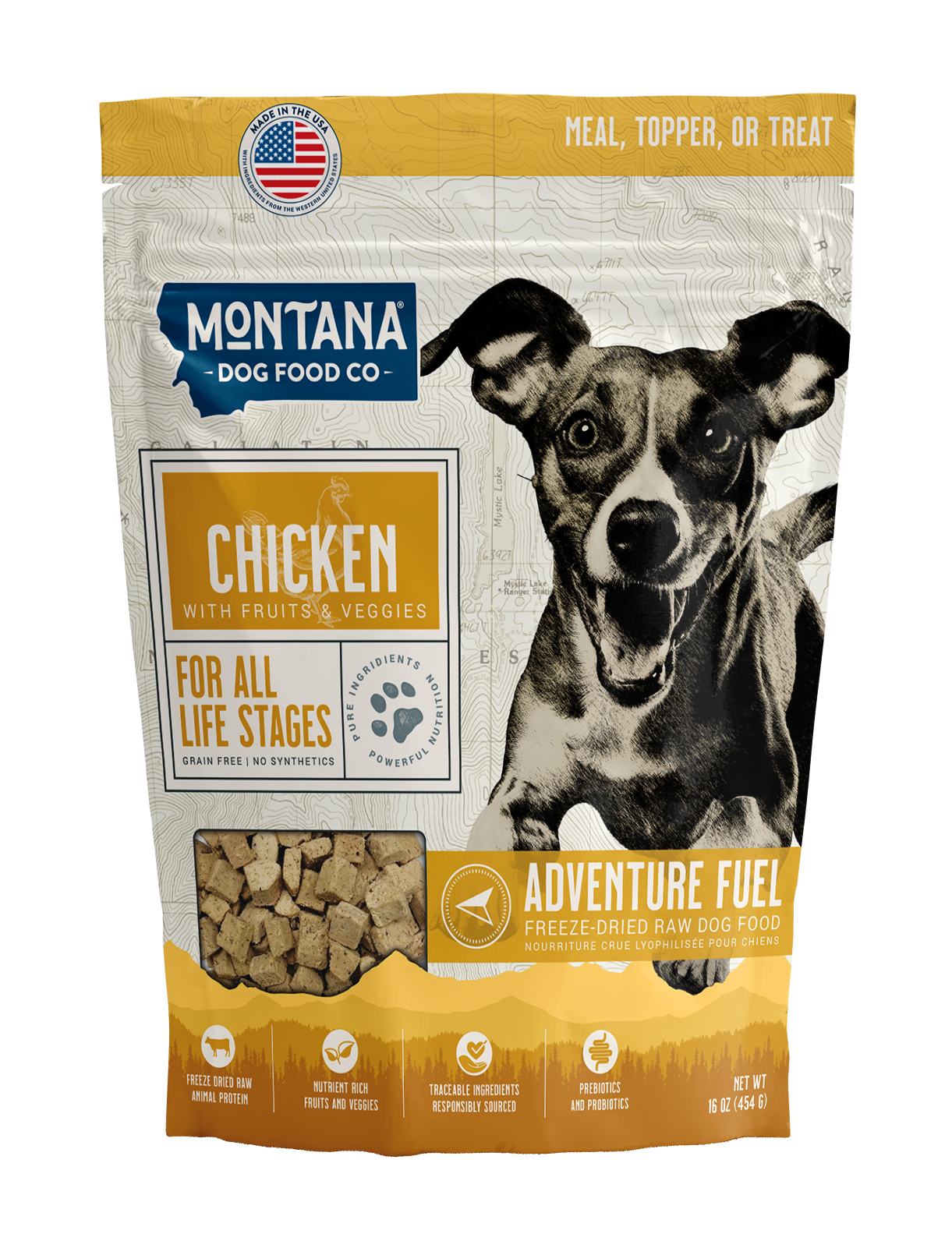 Montana Dog Food Co. chicken dog food package with a smiling dog on the label.