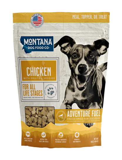 Montana Dog Food Co. chicken dog food package with a smiling dog on the label.