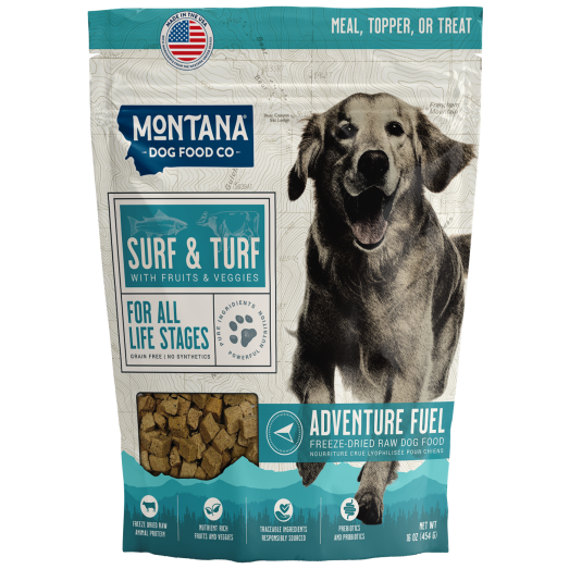 Montana Dog Food Co. Surf & Turf dog food package with a dog on the label.