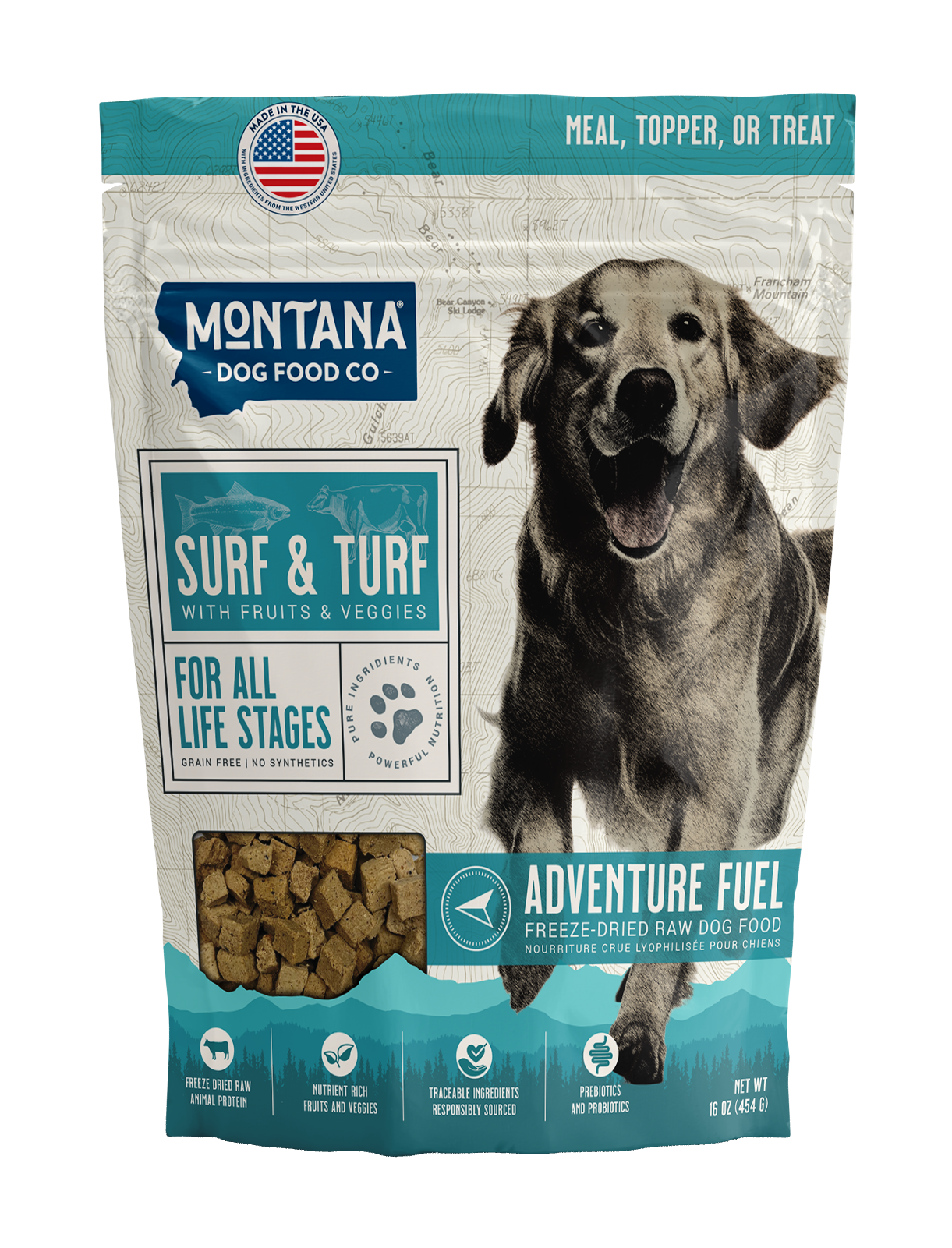 Dog food package from Montana Dog Food Co. with a dog on the front.