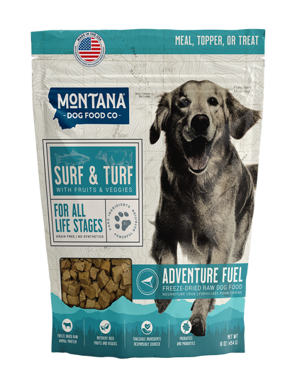 Dog food package from Montana Dog Food Co. with a dog on the front.