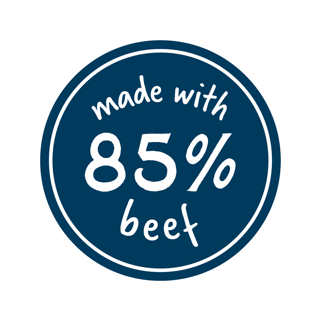 Circular badge with 'made with 85% beef' text on a blue background