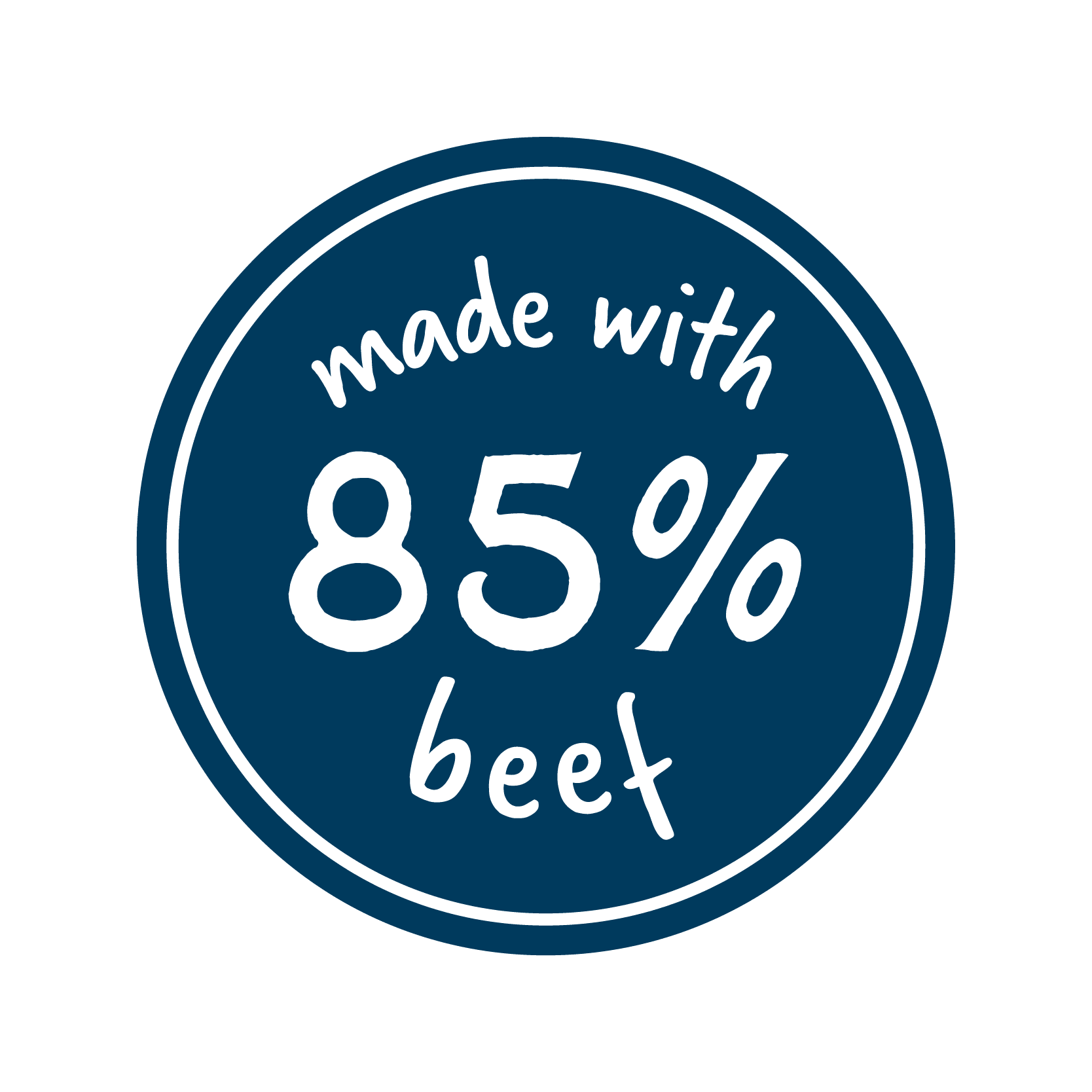 Circular badge with 'made with 85% beef' text on a blue background
