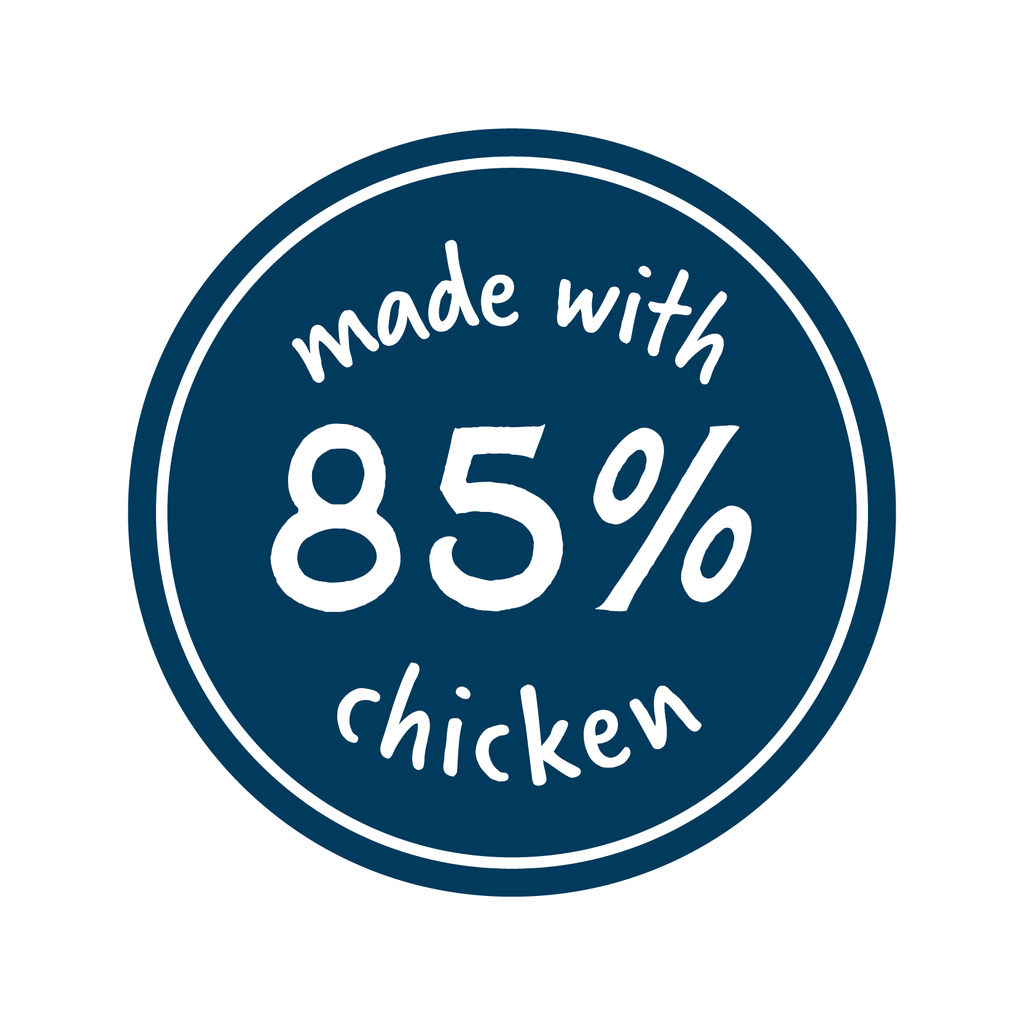 Circular badge with 'made with 85% chicken' text on a blue background