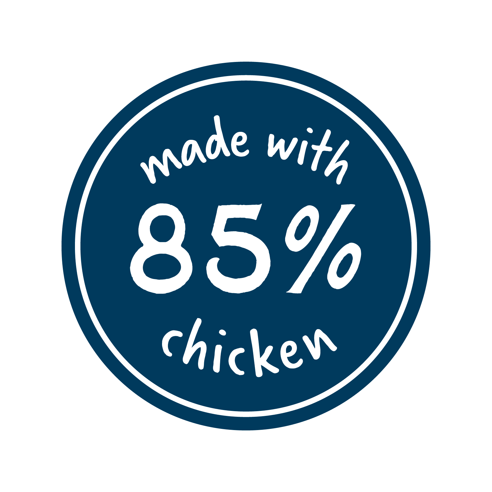 Circular badge with 'made with 85% chicken' text on a blue background