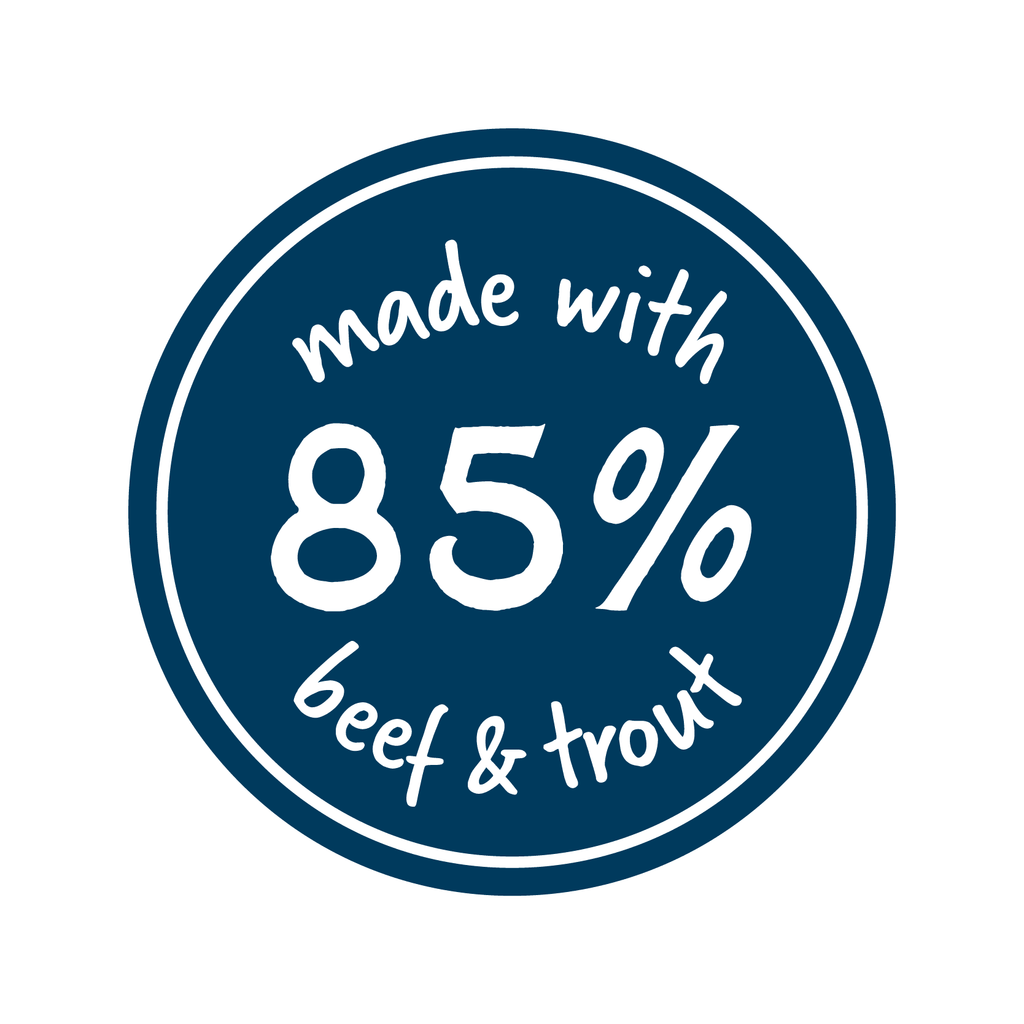 Circular logo with 'made with 85% beef & trout' text on a blue background