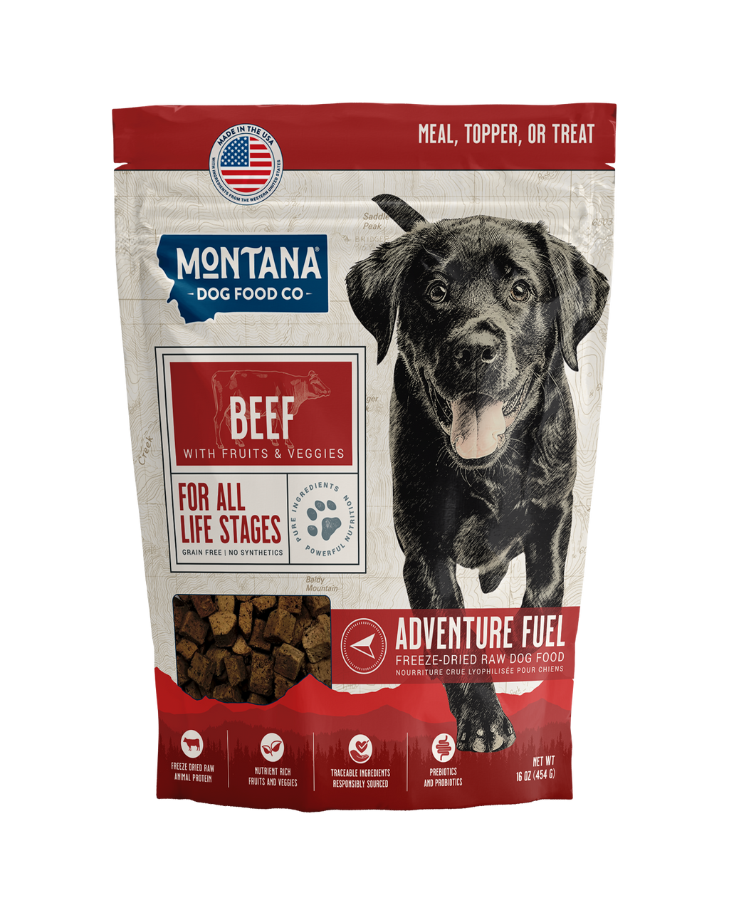 Dog food package from Montana Dog Food Co. with a black dog on the label.
