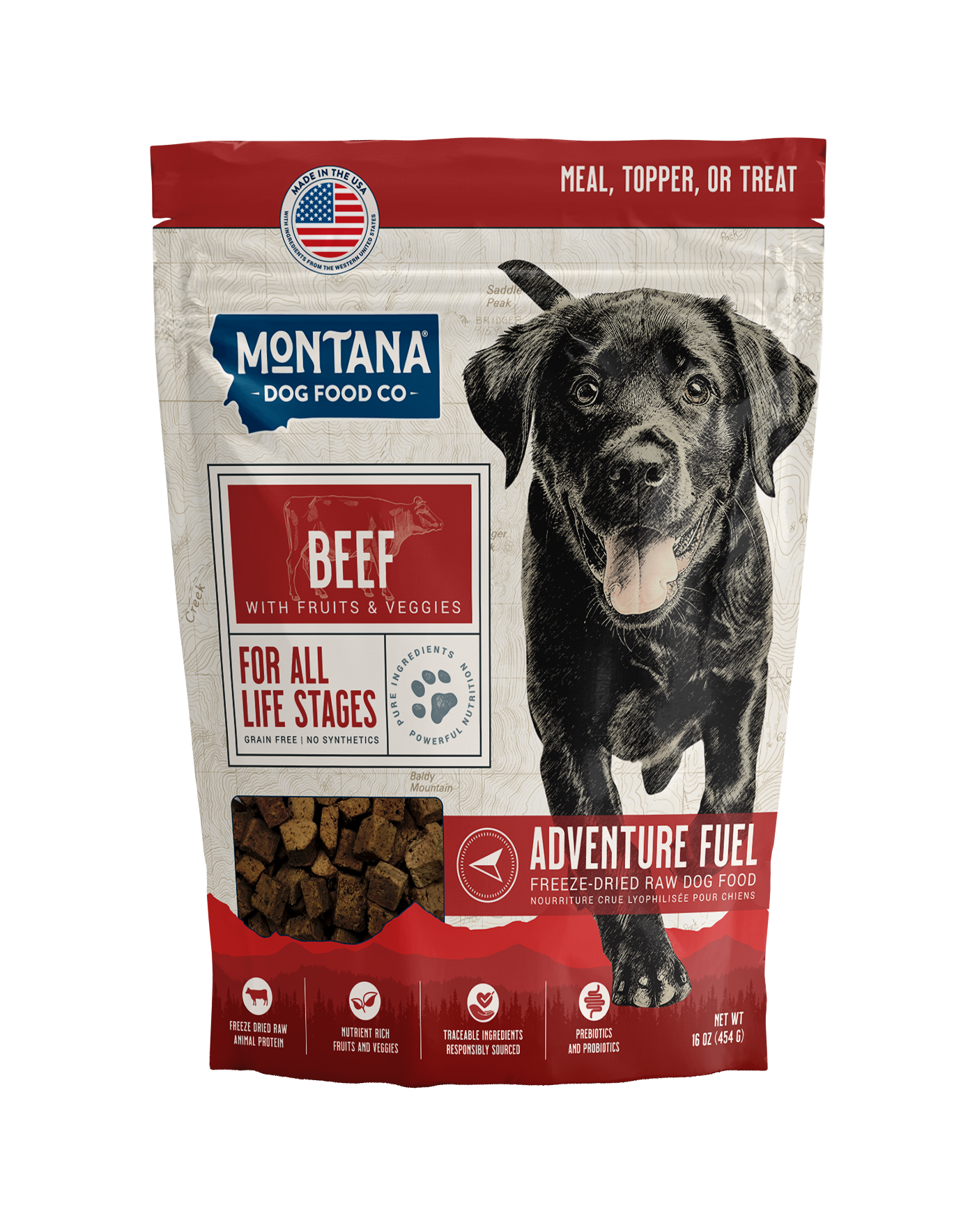 Dog food package from Montana Dog Food Co. with a black dog on the label.