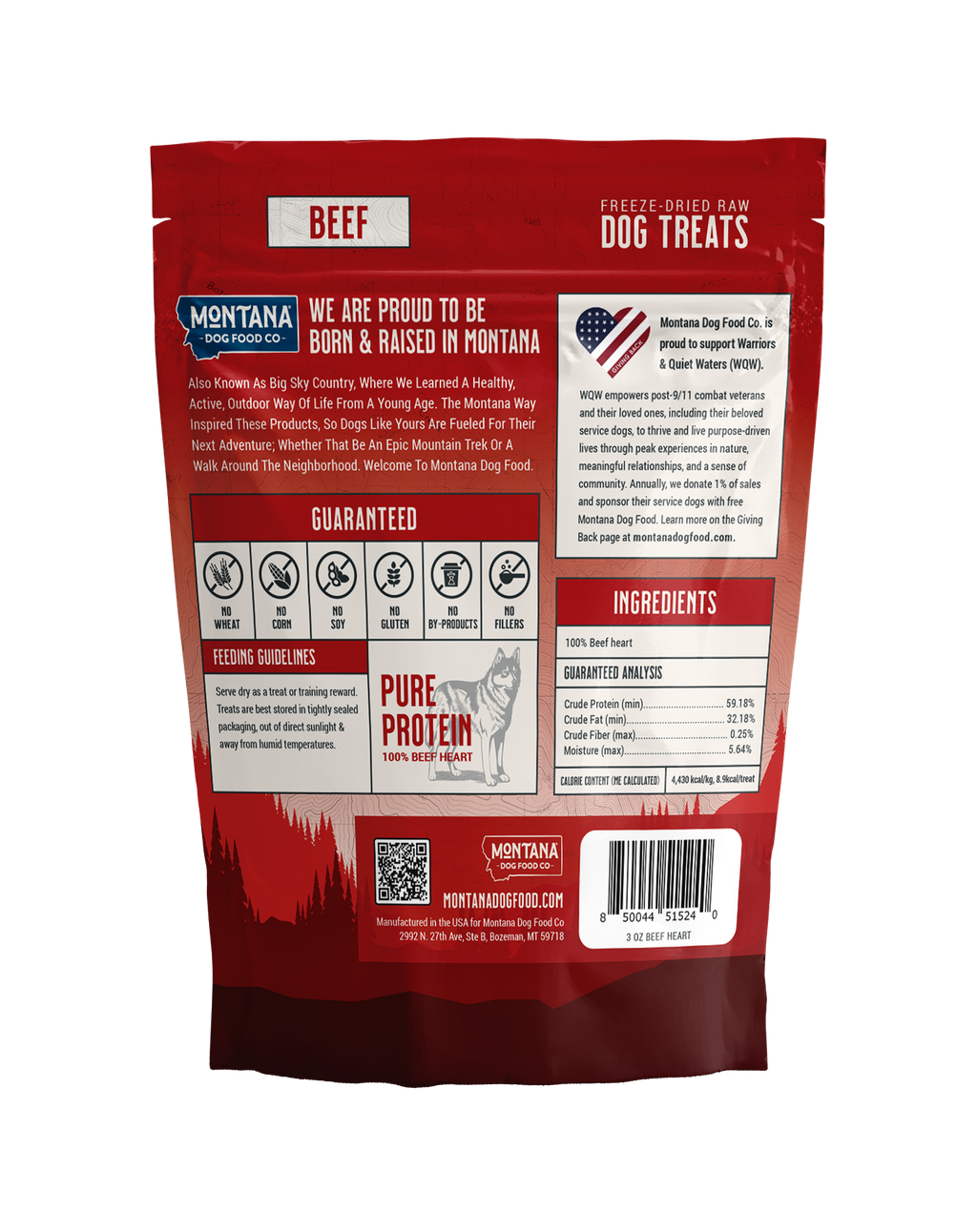 Back view of a red dog treat package with Montana Dog Food Co branding.