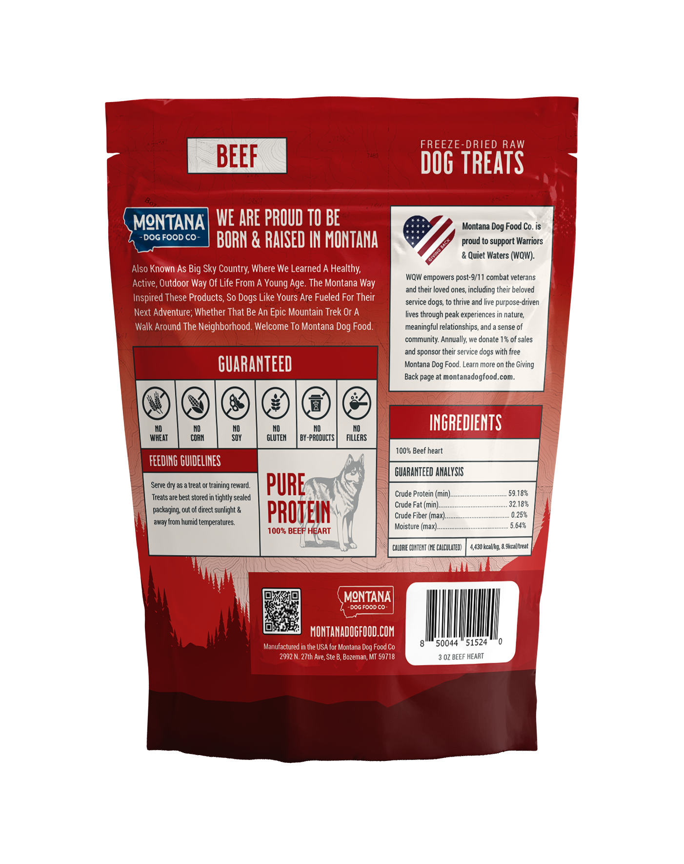 Back view of a red dog treat package with Montana Dog Food Co branding.