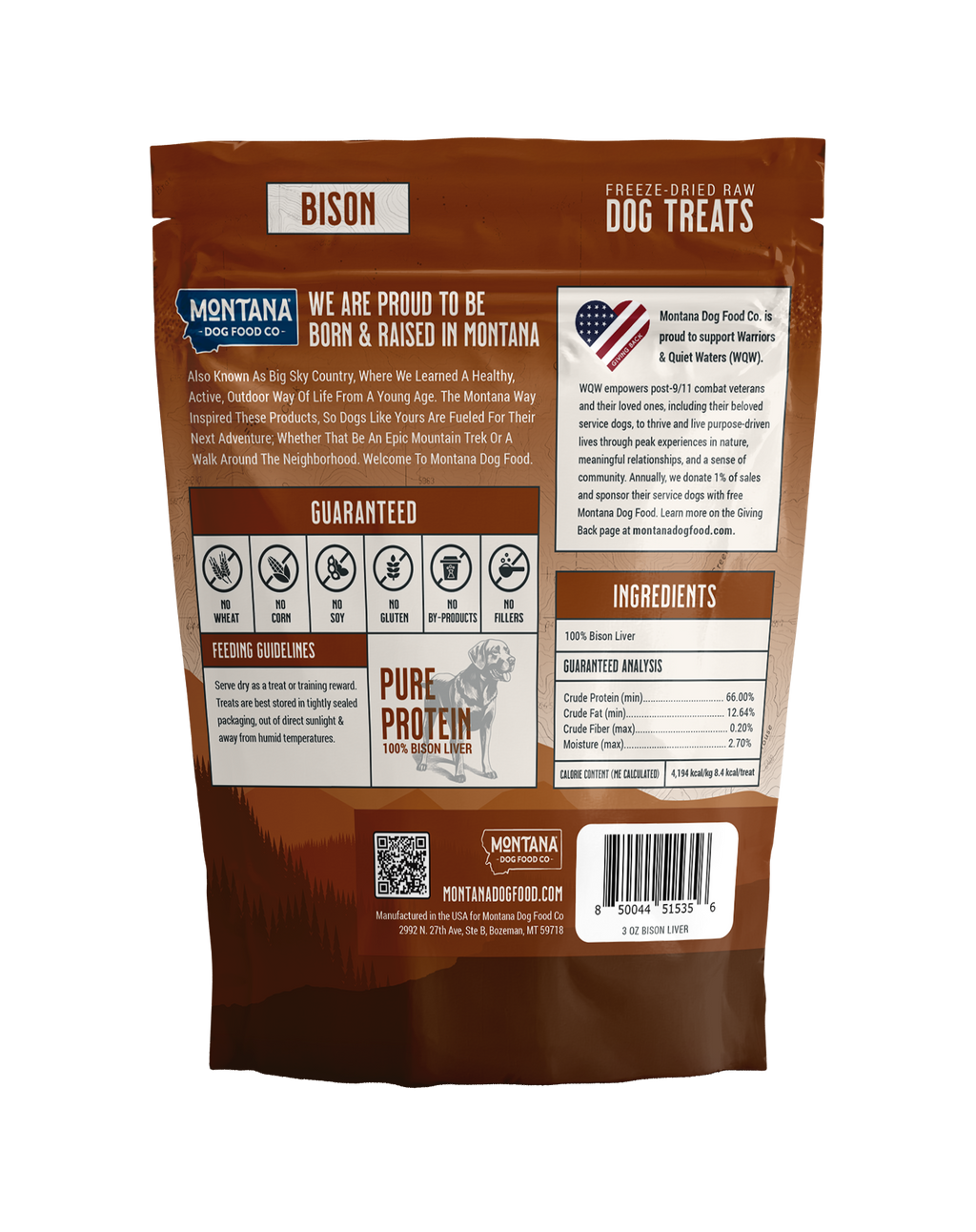 Back view of a brown dog treat package with text and branding on a white background