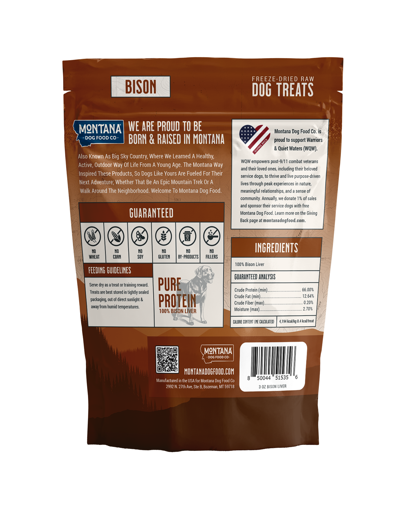 Back view of a brown dog treat package with text and branding on a white background