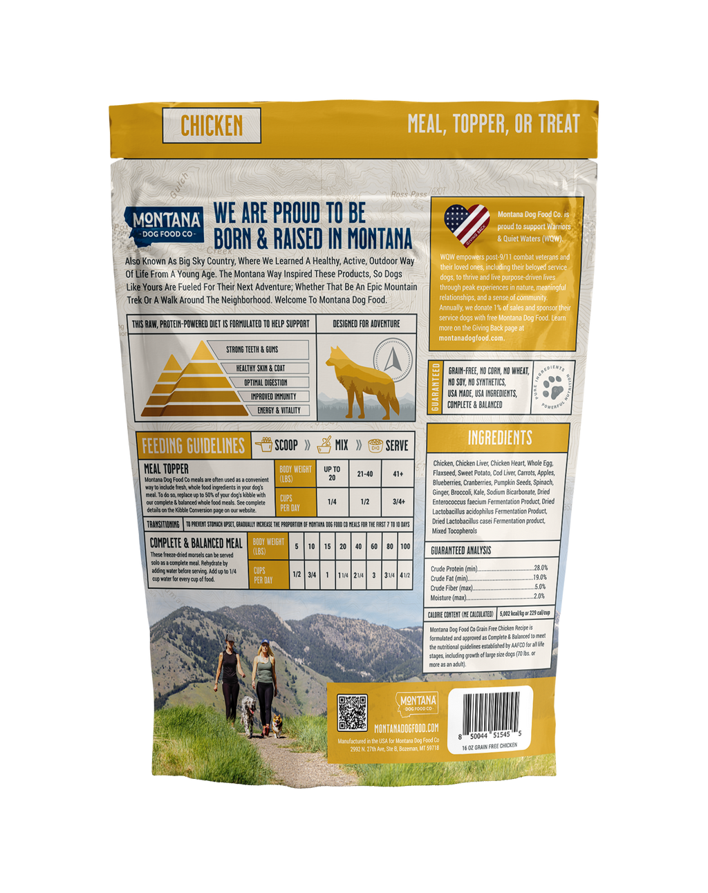 Dog food package with nutritional information and branding details on a white background
