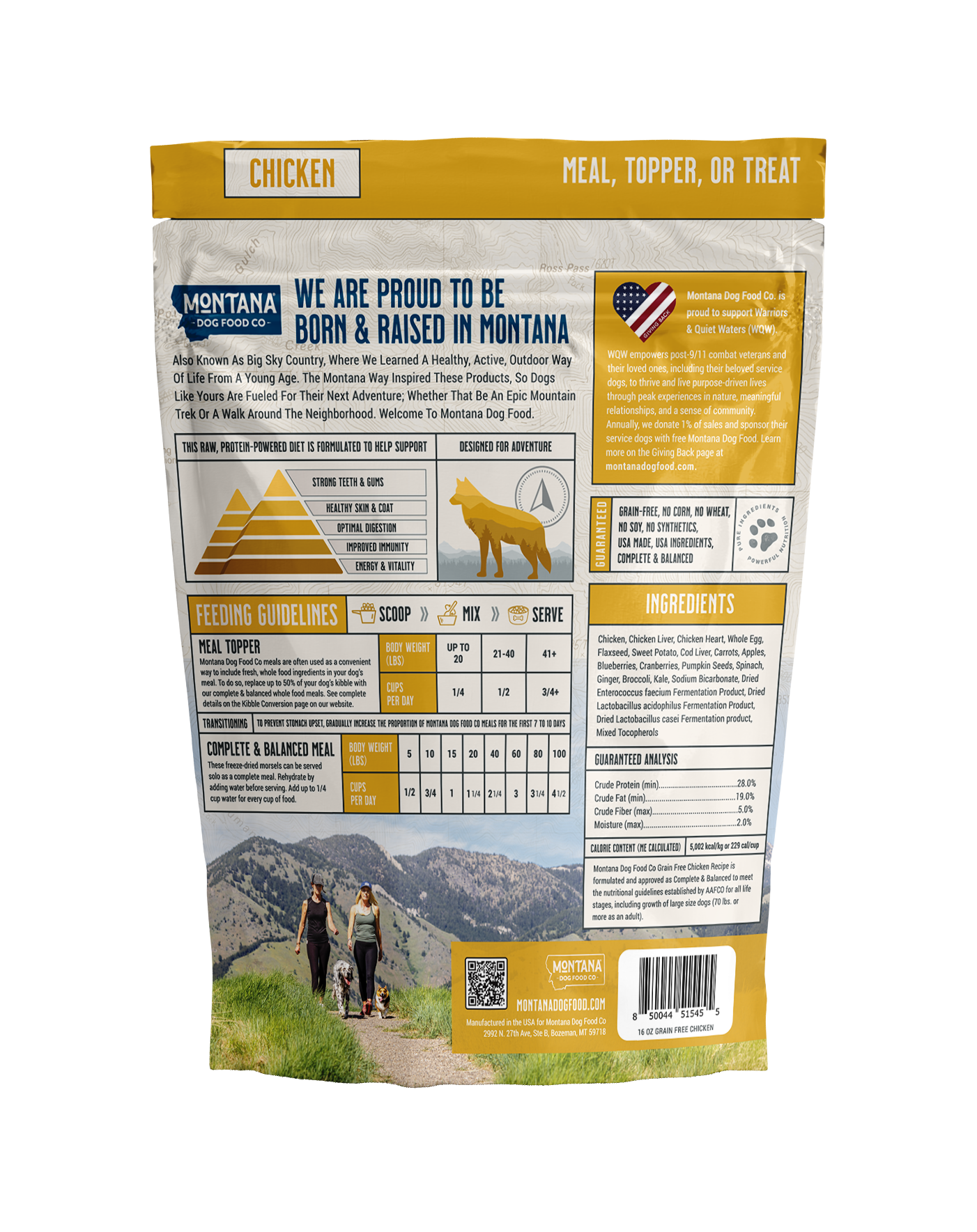 Dog food package with nutritional information and branding details on a white background