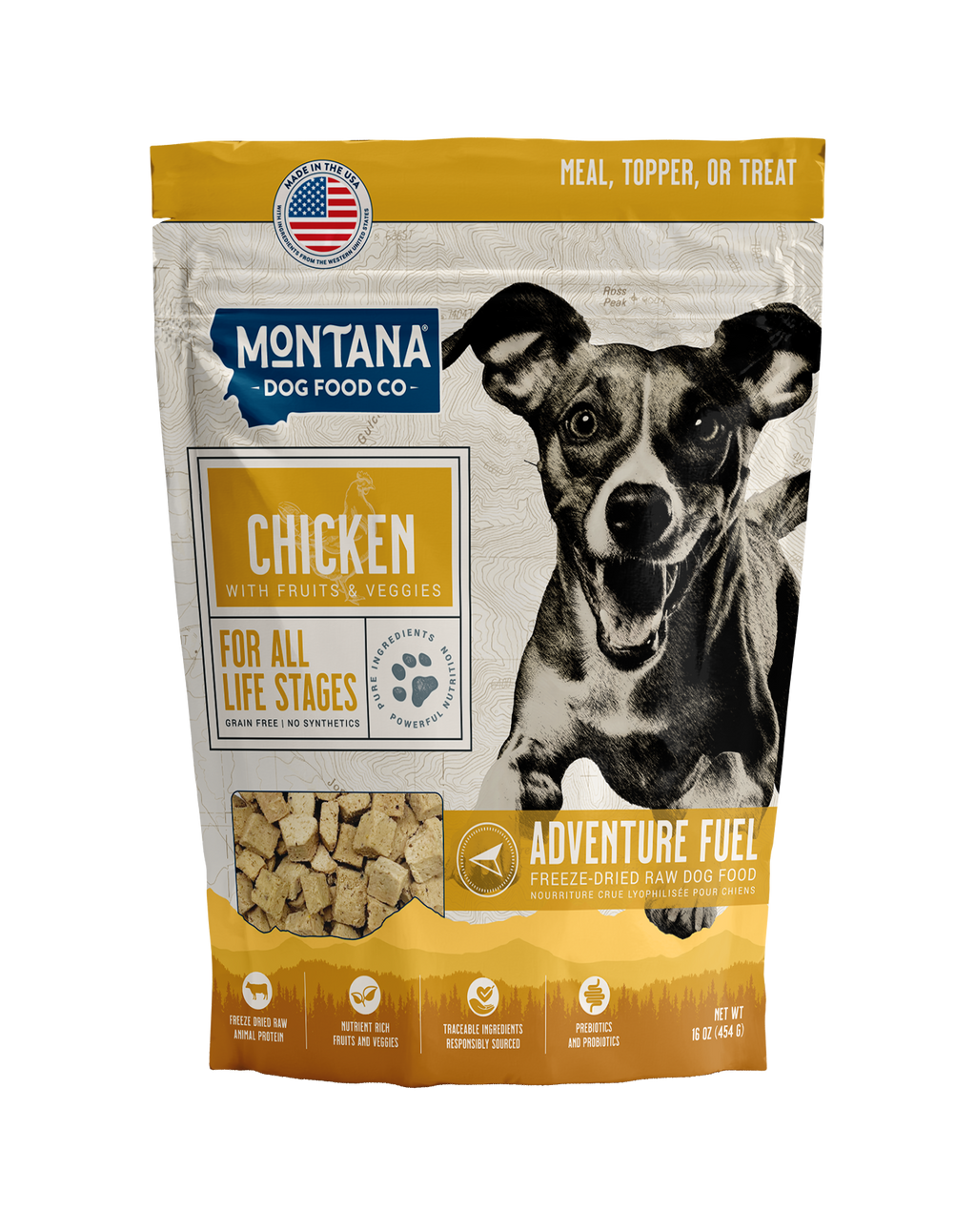 Bag of Montana Dog Food Co. chicken dog food with a dog on the packaging.