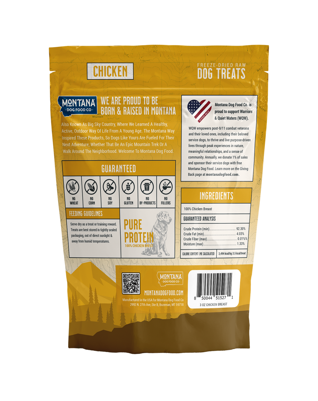 Dog treat package with Montana Dog Food Co branding on a white background