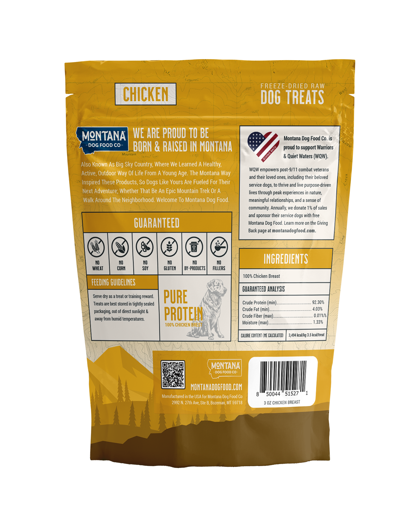 Dog treat package with Montana Dog Food Co branding on a white background