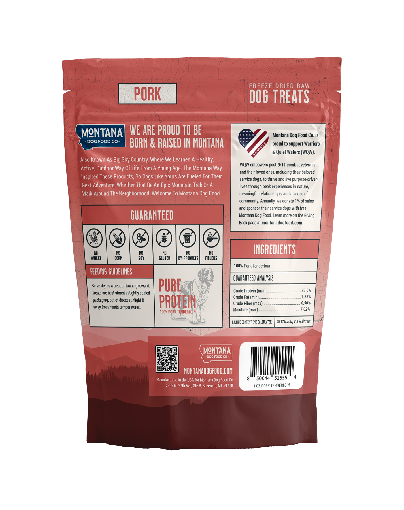 Dog treat package with Montana Dog Food Co branding on a white background
