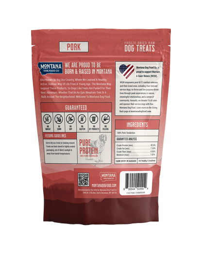 Dog treat package with Montana Dog Food Co branding on a white background