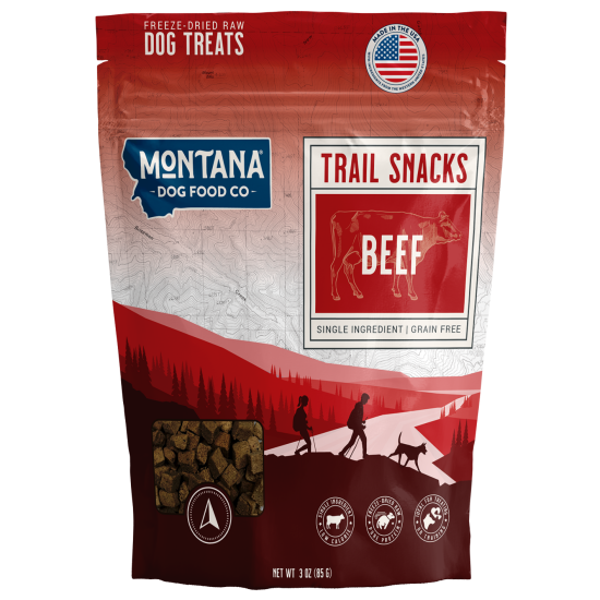Montana Dog Food Co. trail snacks packaging with beef flavor on a white background