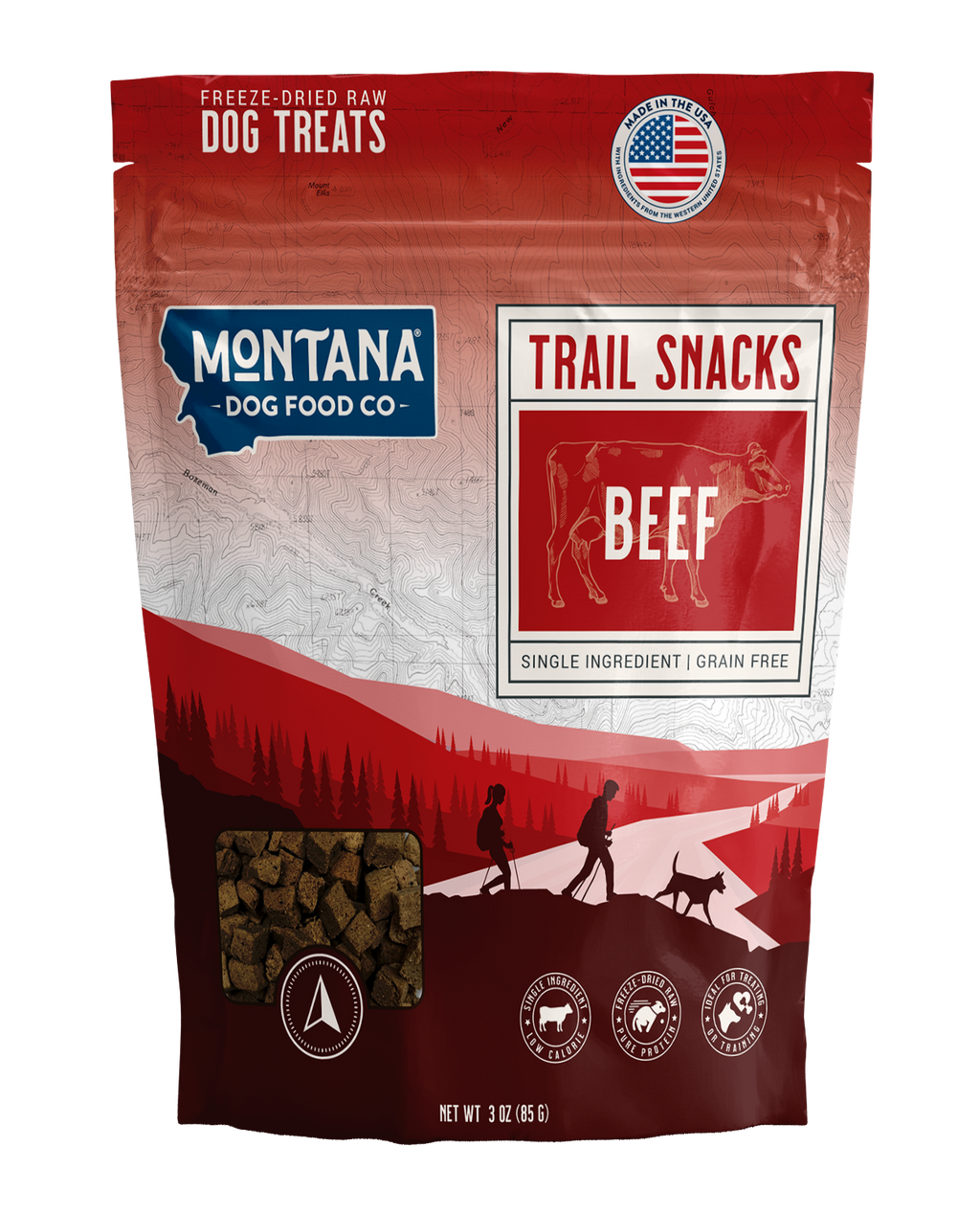 Montana Dog Food Co. Trail Snacks Beef freeze-dried raw dog treats packaging.