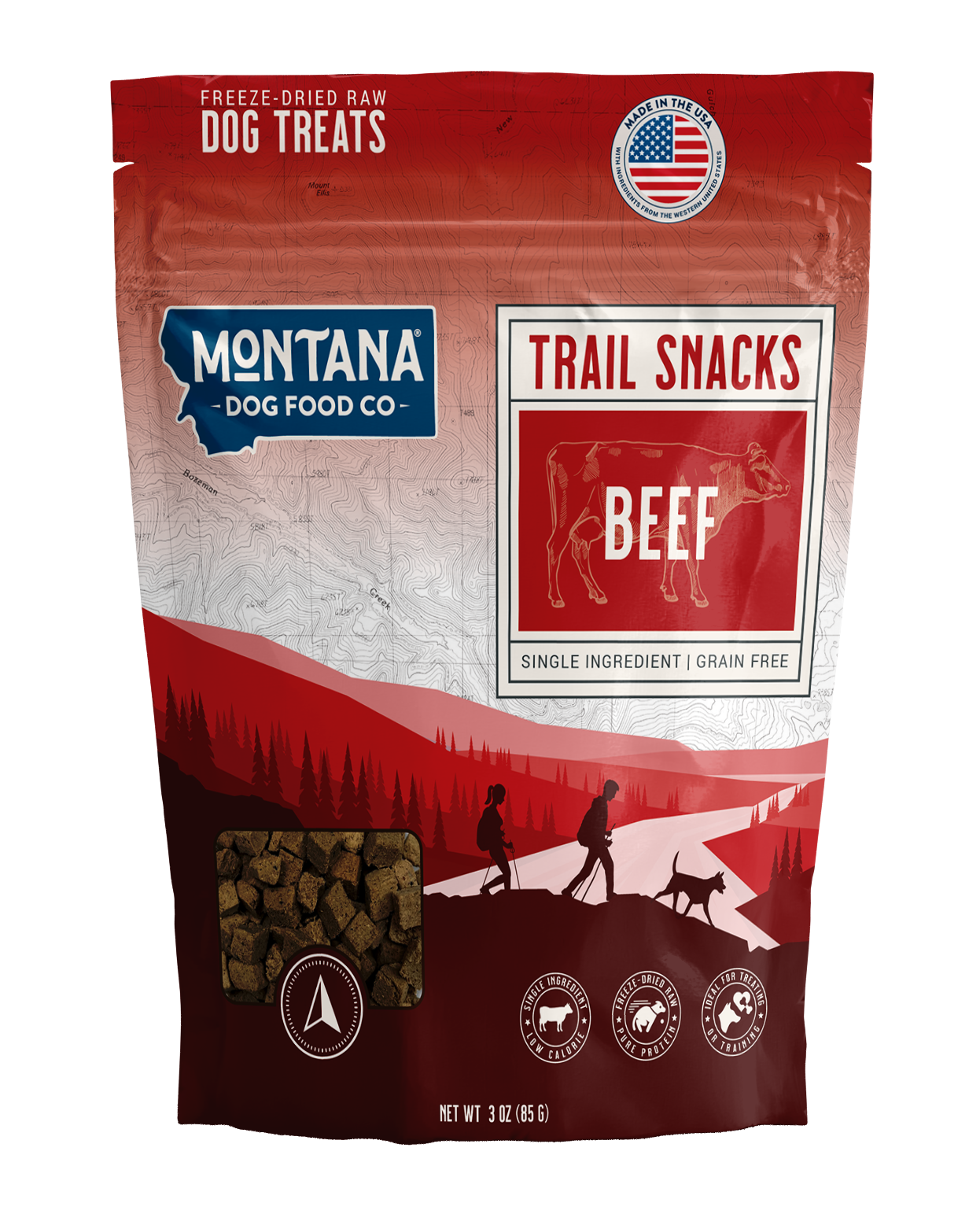 Montana Dog Food Co. Trail Snacks Beef freeze-dried raw dog treats packaging.