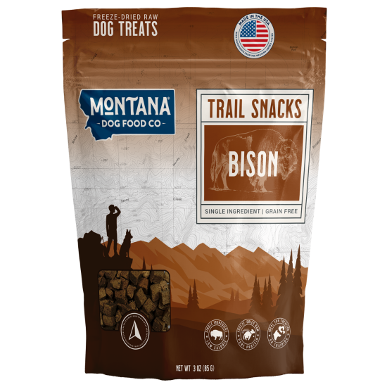 Montana Dog Food Co. trail snacks bison package on a white background