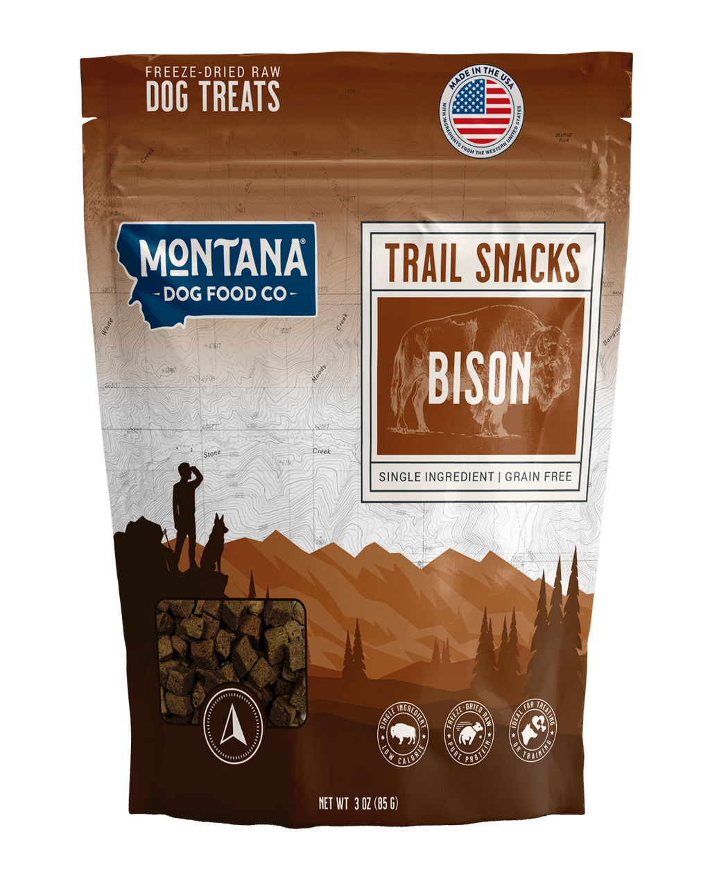 Montana Dog Food Co. trail snacks bison package on a white background