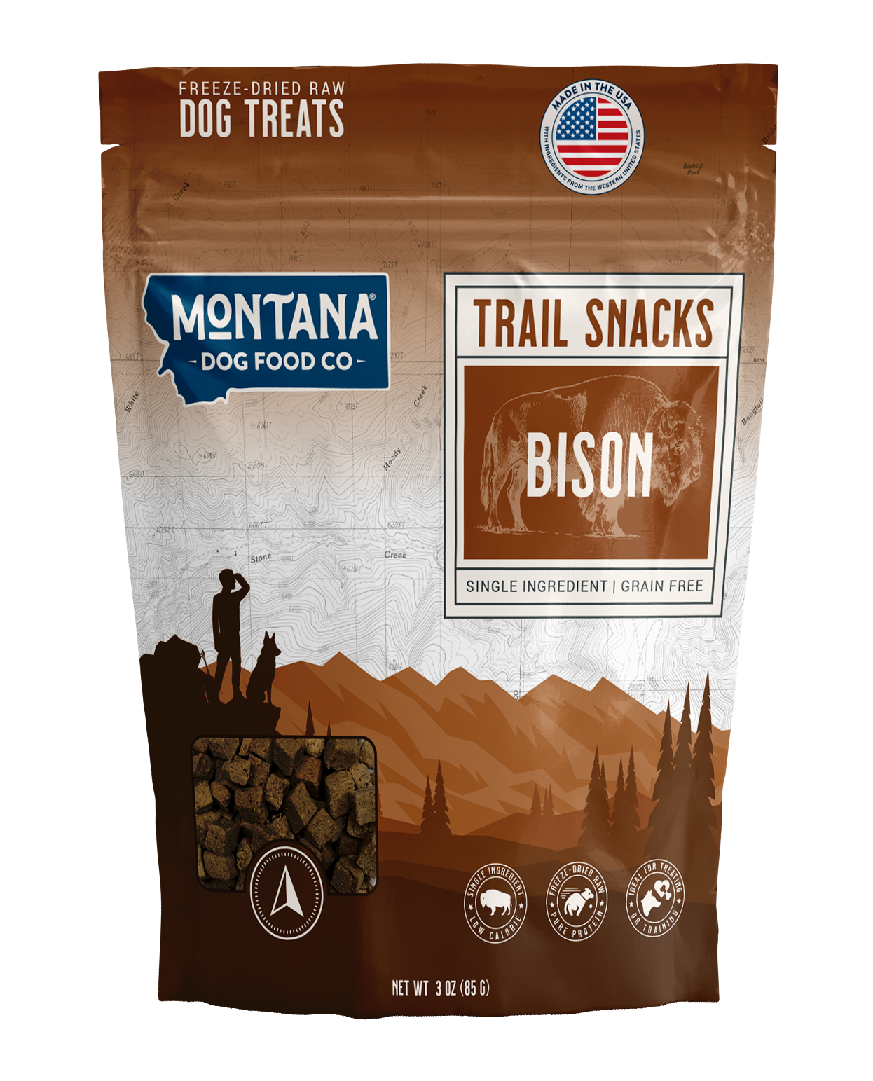 Montana Dog Food Co. trail snacks bison package on a white background