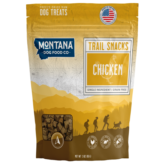 Montana Dog Food Co. trail snacks packaging with chicken flavor on a white background